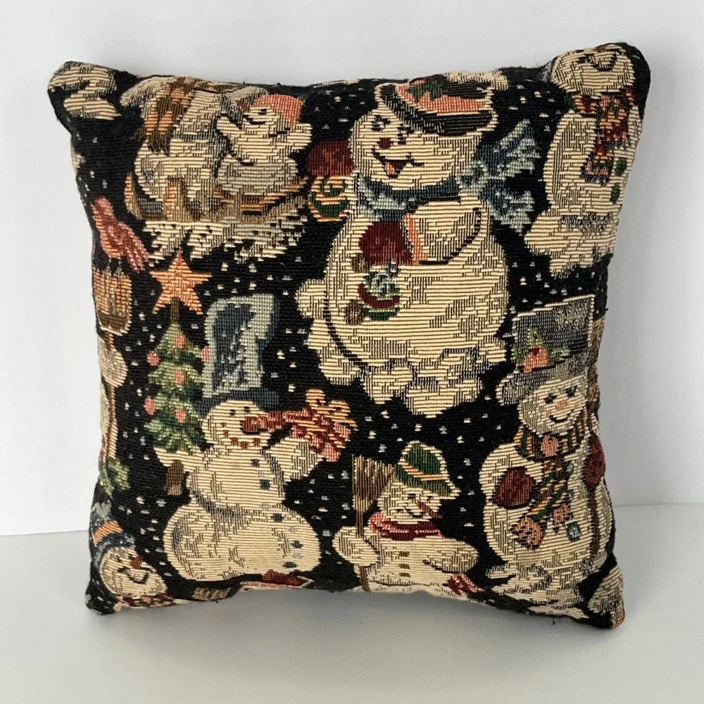 Vtg Christmas Snowman Woven Tapestry Decorative Throw Pillow 9x9 Winter Decor